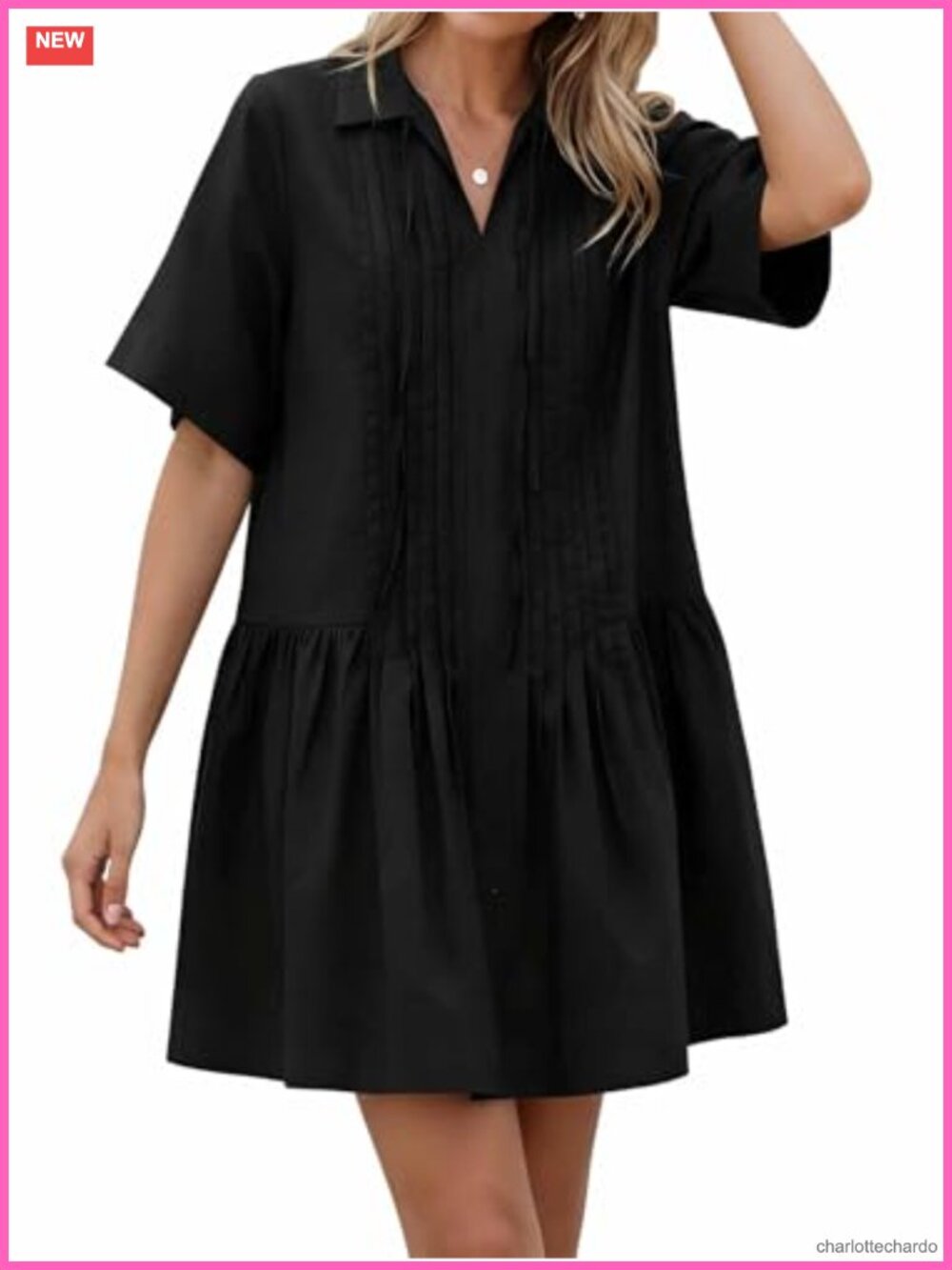 Women's Collared Pleated Mini Dress - Short Sleeve A-Line
